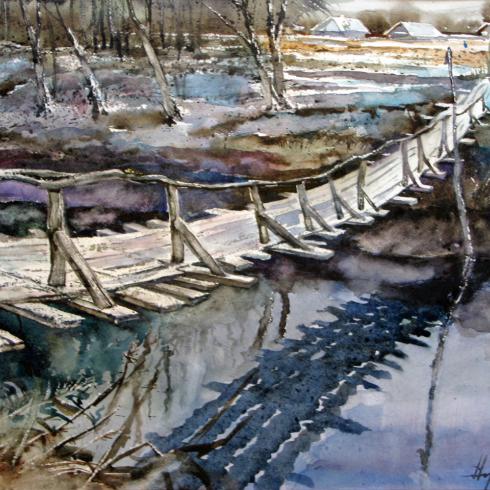 Деревенский мост. 2011. Акварель. 58х40